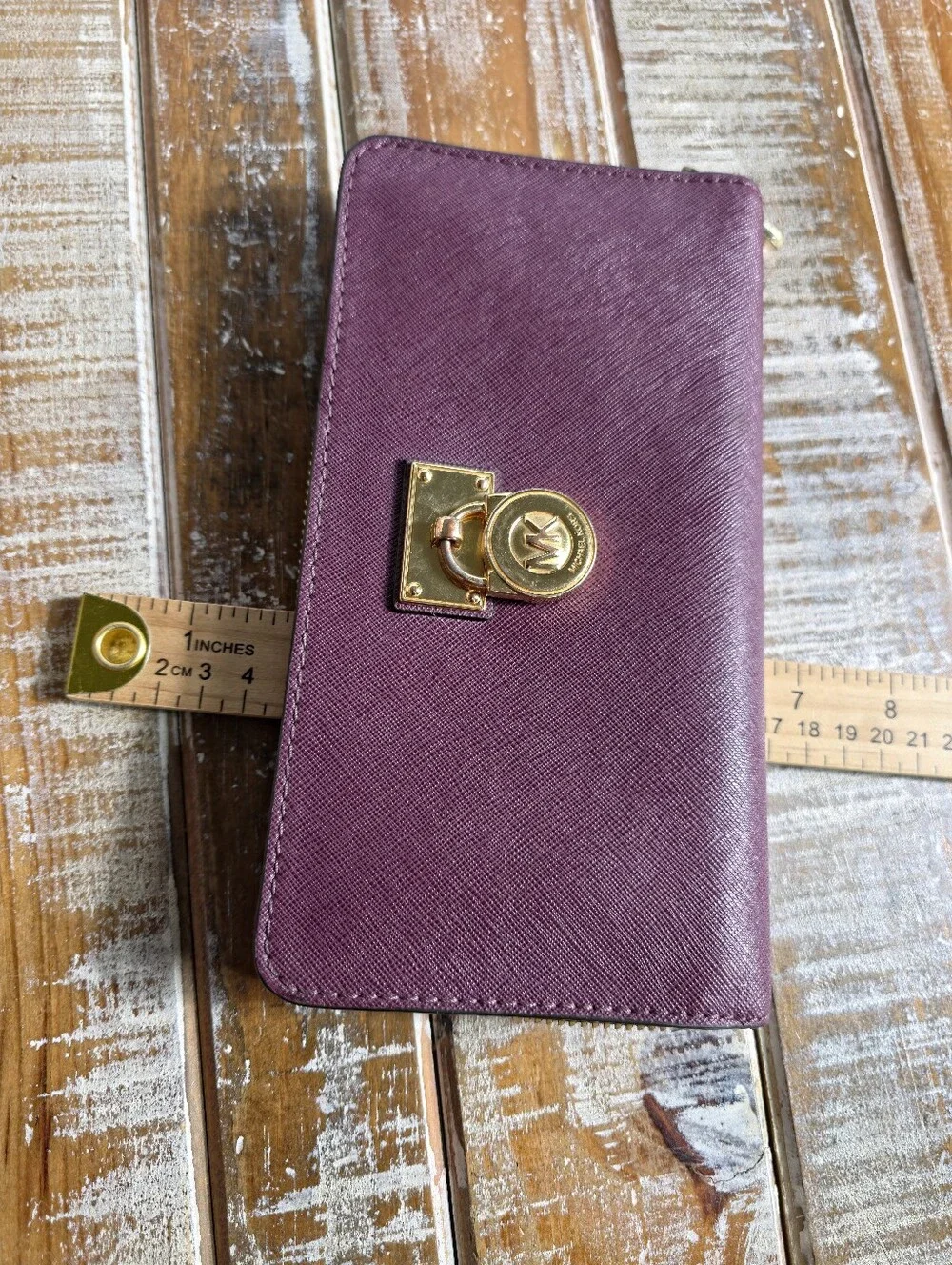 Michael Kors Plum Saffiano Zip Around Wallet with Gold Hardware